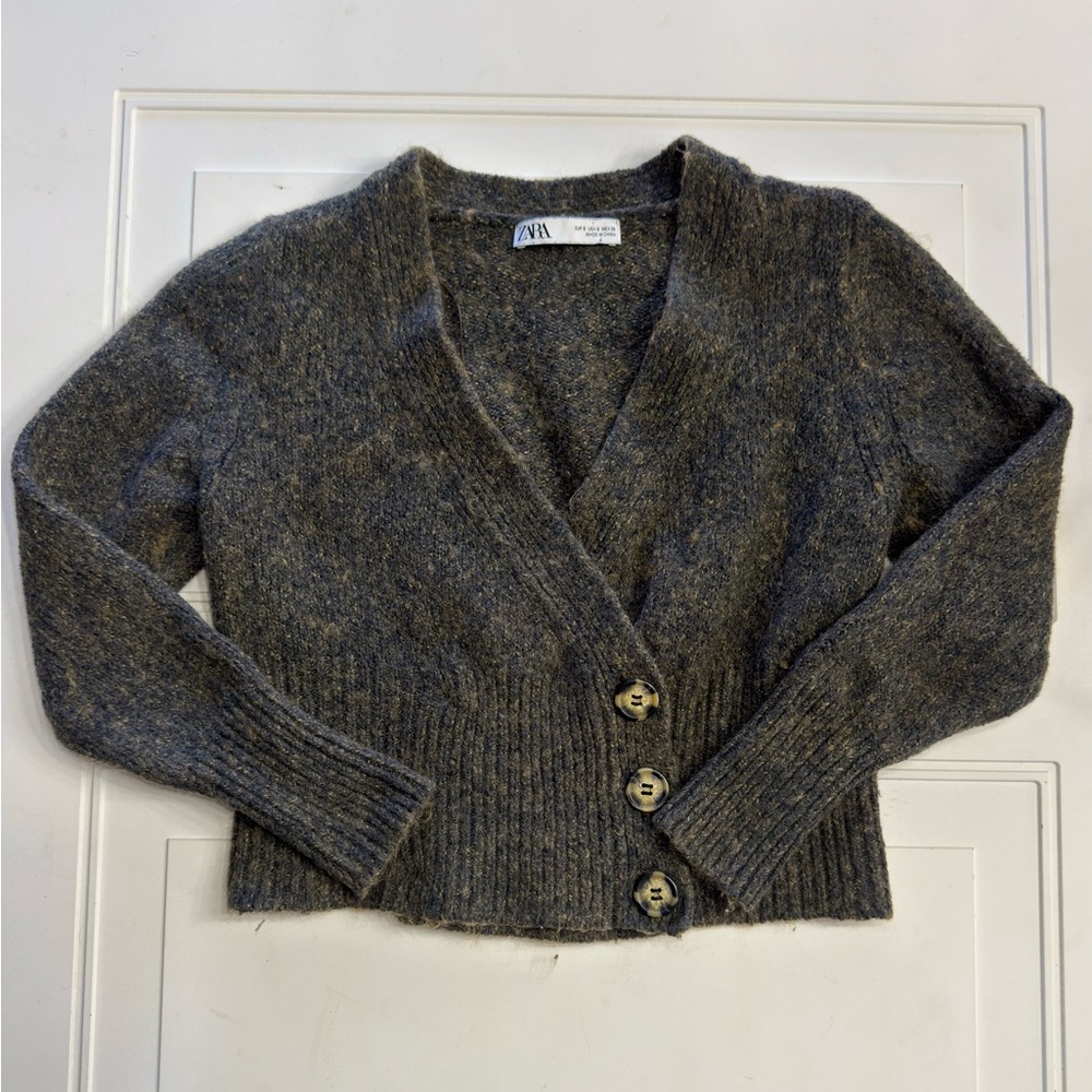 Zara Women’s Sz S Brown Knit Cotton Wool Blend Asymmetrical Cardigan Sweater